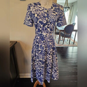 Talbots Petites Size 6 Vintage Floral Blue White Midi Dress Cottagecore Modest